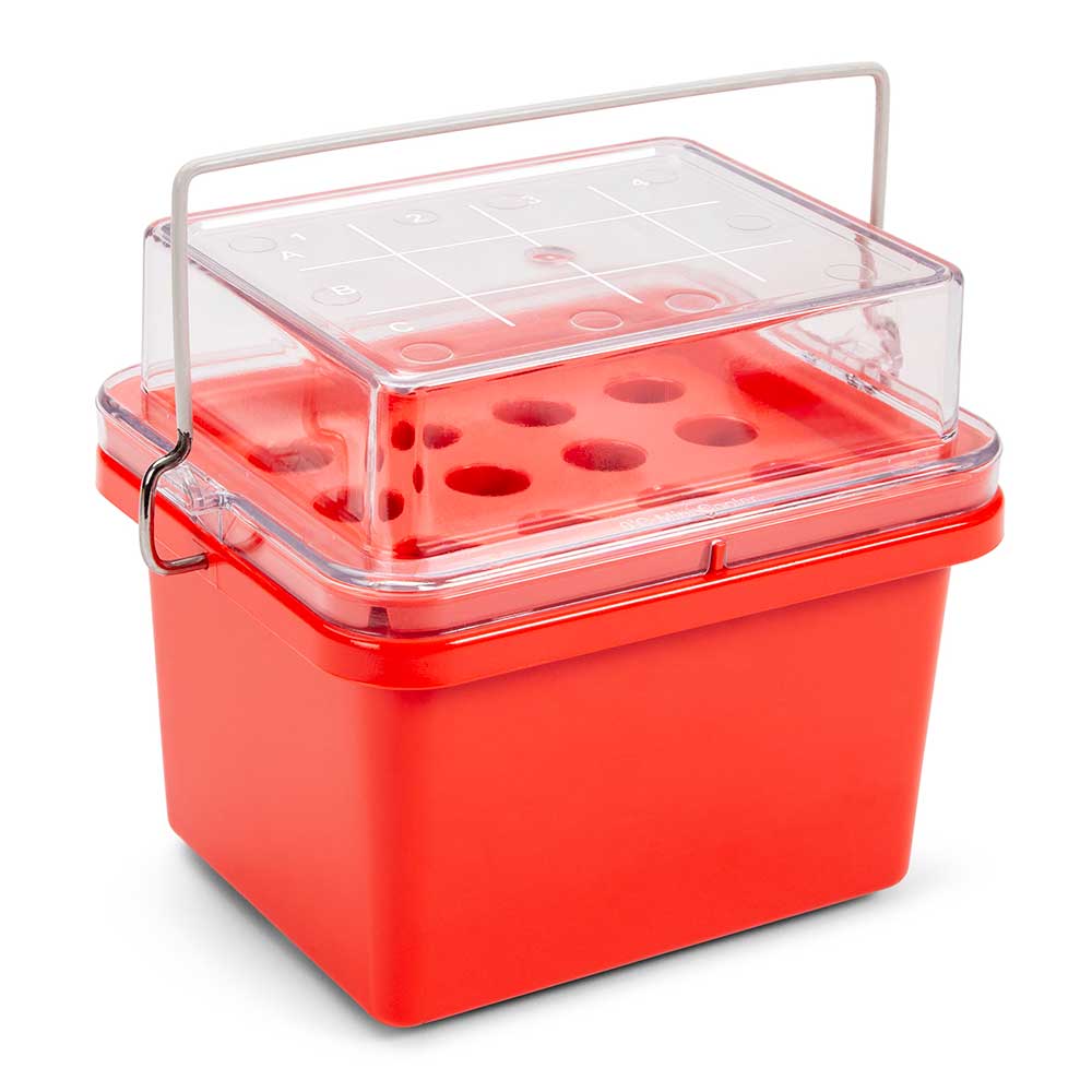 Globe Scientific CryoCool Mini Cooler, 0°C, 12-Place (3x4) for 15mL Tubes, Red Cooler; Chiller; polycarbonate cooler; cryogenic cooler; 0°C